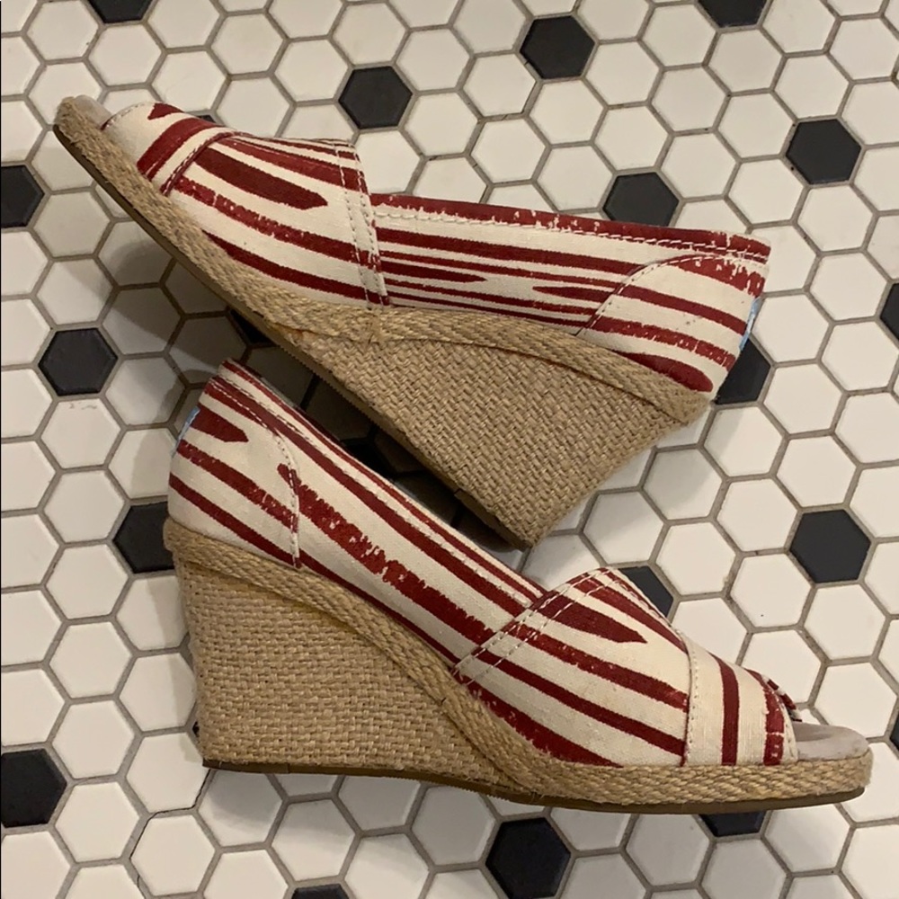 TOMS Red White/Ivory Stripe Wedges